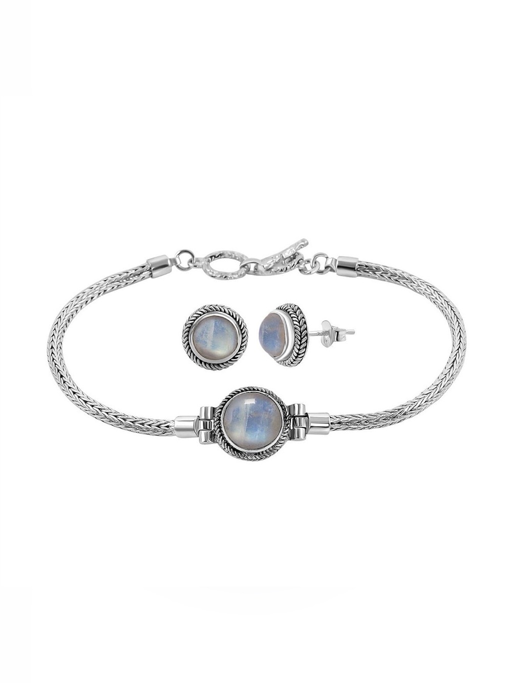 Bali Style Sterling Silver Moonstone and Stud Earring Set 7 ctw